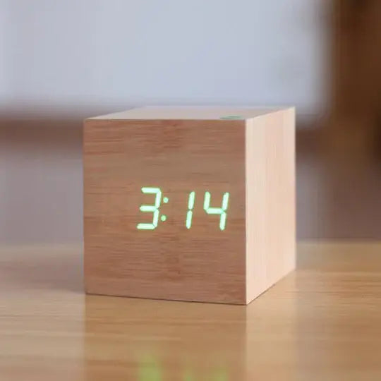 Wooden Digital Clock with Hidden LED Numerals and USB or Battery Power, Compact Tabletop All Vera Mart
