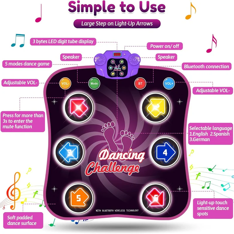 Dance Mat for Kids with Flashing Arrow Lights and Wireless Music Connection All Vera Mart