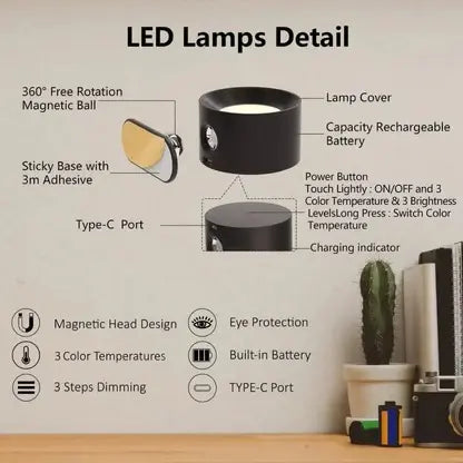 Rechargeable Wall Lamp with Magnetic 360° Swivel and Touch Dimmer, USB-C Charging All Vera Mart