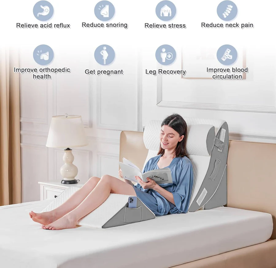 Four Piece Memory Foam Bed Wedge Pillow Set with Hook and Loop Connections and a Washable Plush Cover