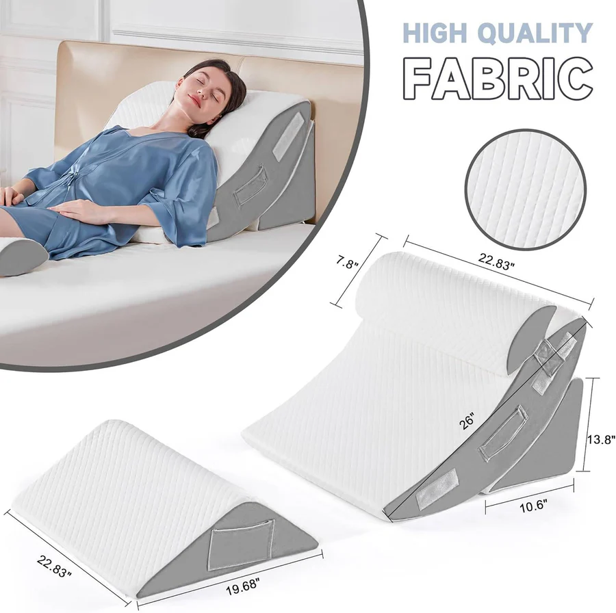 Four Piece Memory Foam Bed Wedge Pillow Set with Hook and Loop Connections and a Washable Plush Cover