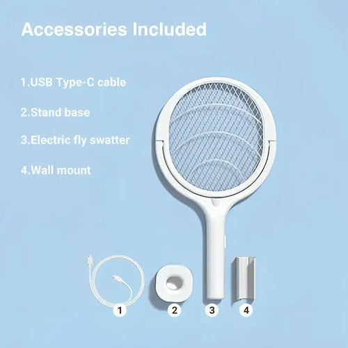 Bug Zapper Racket with Fast USB-C Charging and Adjustable Pivoting Head, Stand Included All Vera Mart