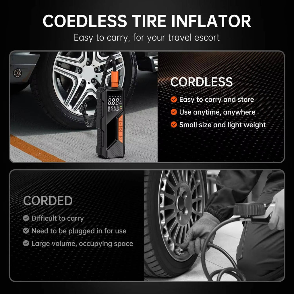 Cordless Tire Inflator with Dual Power and Digital Display, 150 PSI for Cars Bikes Motorcycles All Vera Mart