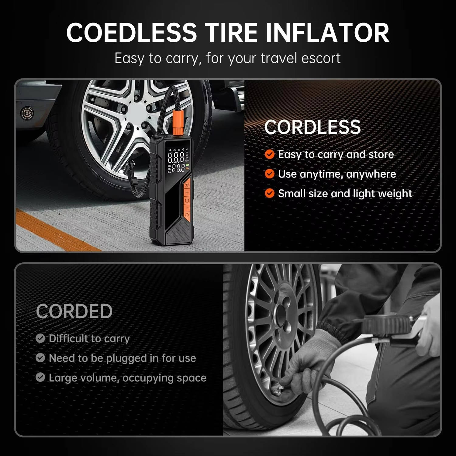 Cordless Tire Inflator with Dual Power and Digital Display, 150 PSI for Cars Bikes Motorcycles All Vera Mart