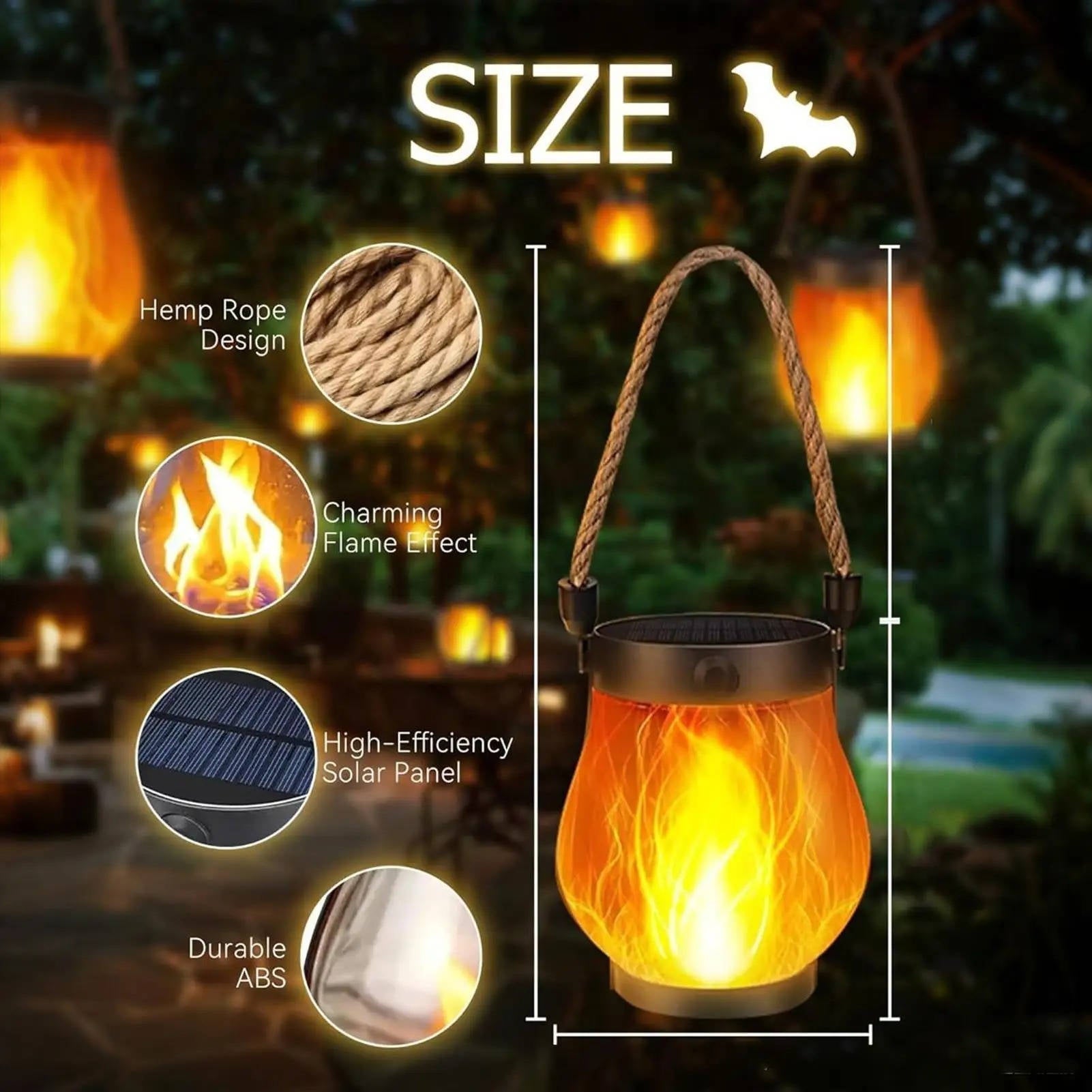 Solar Flame Lantern with Flickering Light Mode and Dusk Sensor, Type C Charging All Vera Mart