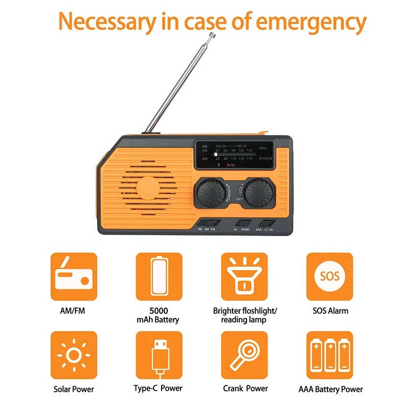 Multiband Emergency Radio with Solar Hand Crank and 5000mAh Battery Bank All Vera Mart