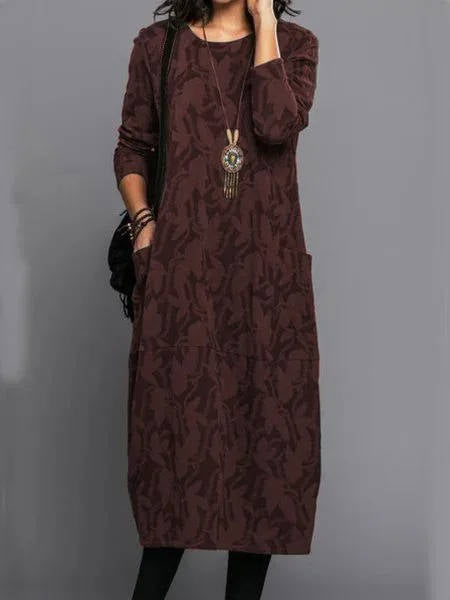 Loose Fit Midi Dress with Floral Print and Side Pockets, Long Sleeves All Vera Mart
