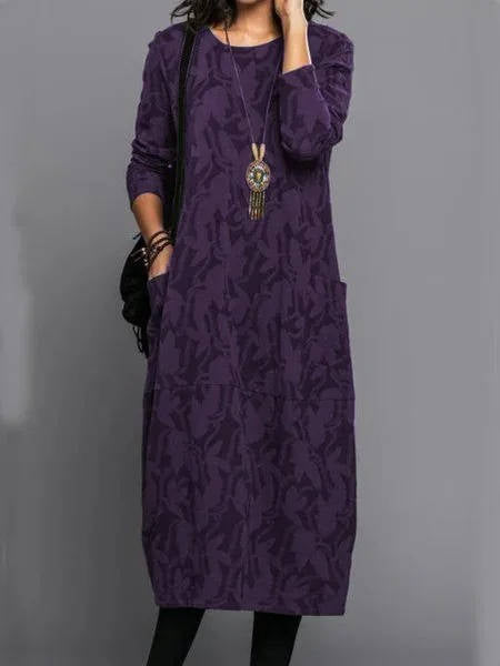 Loose Fit Midi Dress with Floral Print and Side Pockets, Long Sleeves All Vera Mart