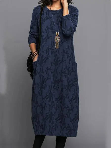 Loose Fit Midi Dress with Floral Print and Side Pockets, Long Sleeves All Vera Mart