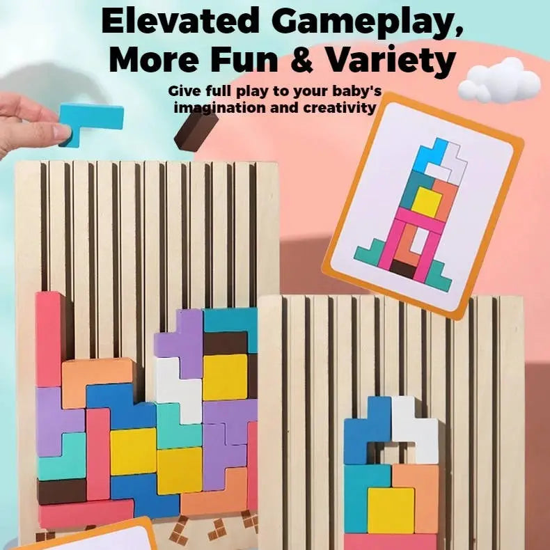 Wooden Pattern Matching Puzzle Set with Foldout Stand and Storage Case, 42 Wooden Blocks All Vera Mart
