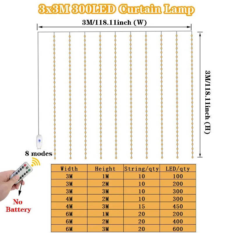 String LED Curtain Lights with Remote Control and 8 Display Modes All Vera Mart