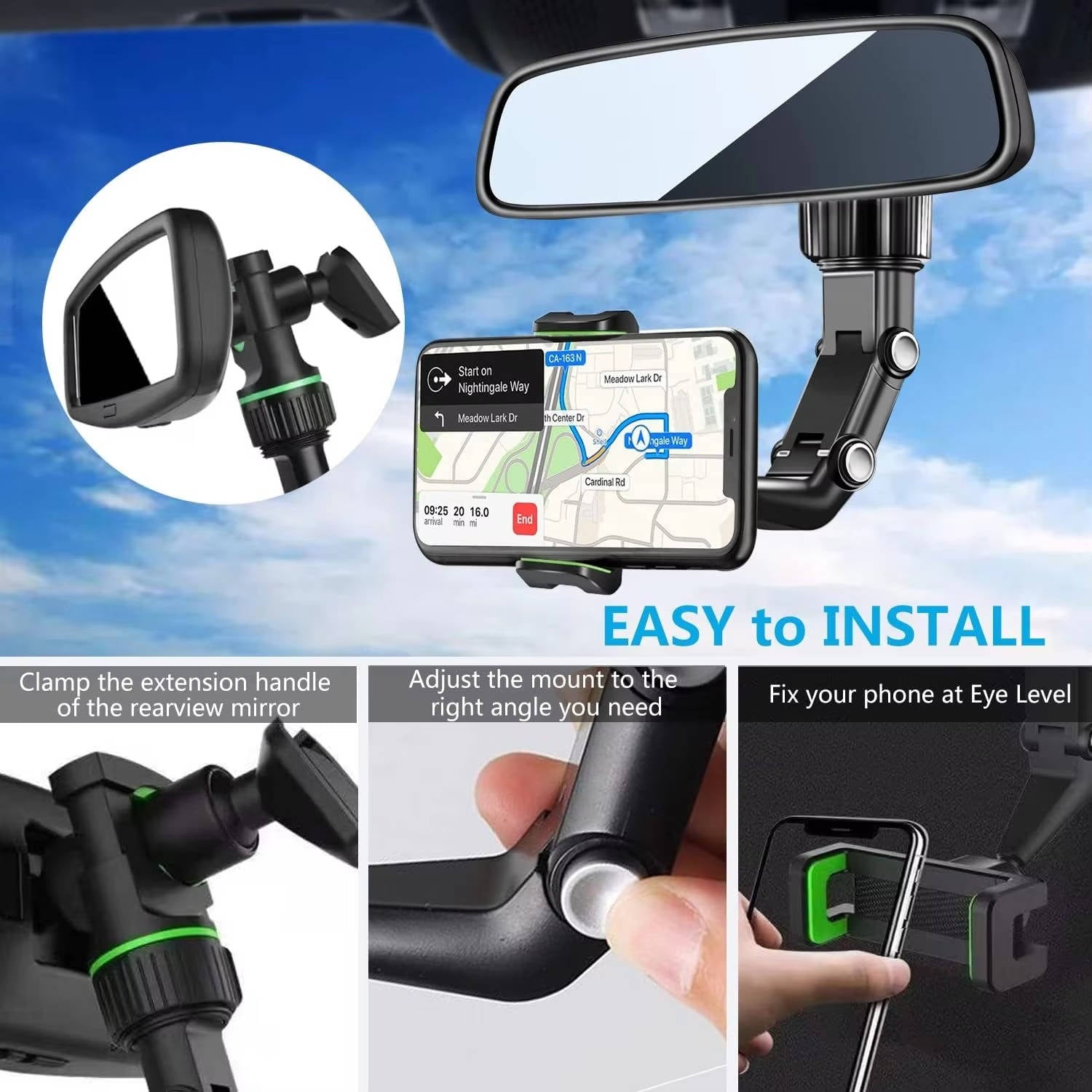 Rearview Mirror Phone Mount with 360 Degree Rotation and One Hand Release All Vera Mart
