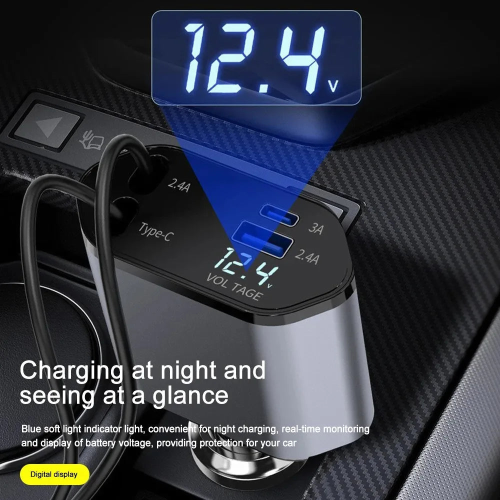 Multi-Port Car Charger with Retractable Cables and Voltage Display, 120W All Vera Mart