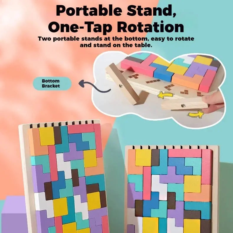 Wooden Pattern Matching Puzzle Set with Foldout Stand and Storage Case, 42 Wooden Blocks All Vera Mart