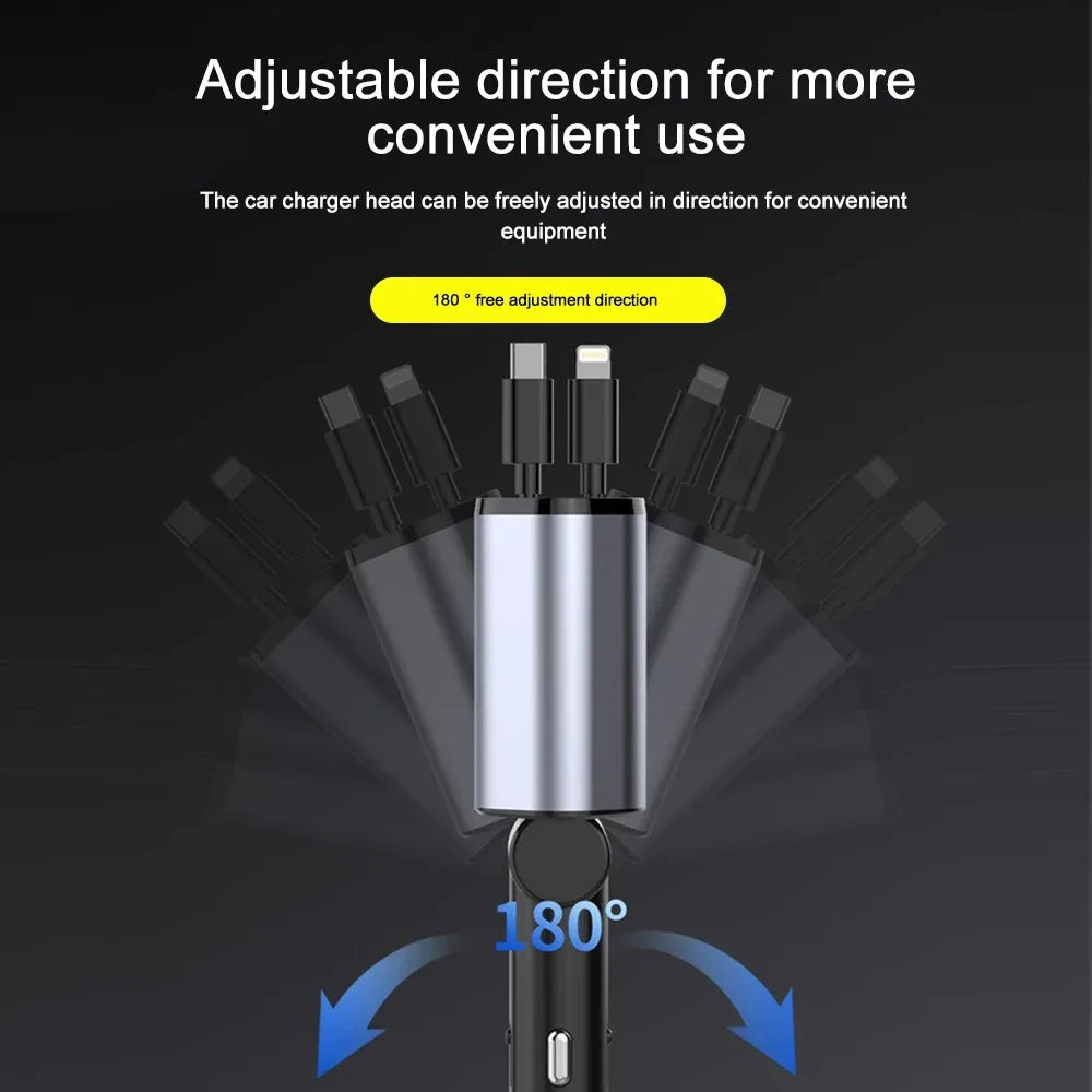 Multi-Port Car Charger with Retractable Cables and Voltage Display, 120W All Vera Mart