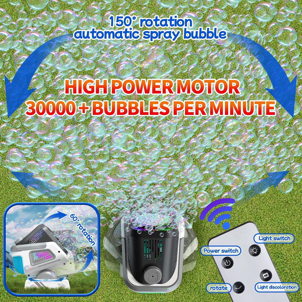 Automatic Bubble Machine with 150 Degree Rotation and RGB Lighting, 30000 Bubbles Per Minute All Vera Mart