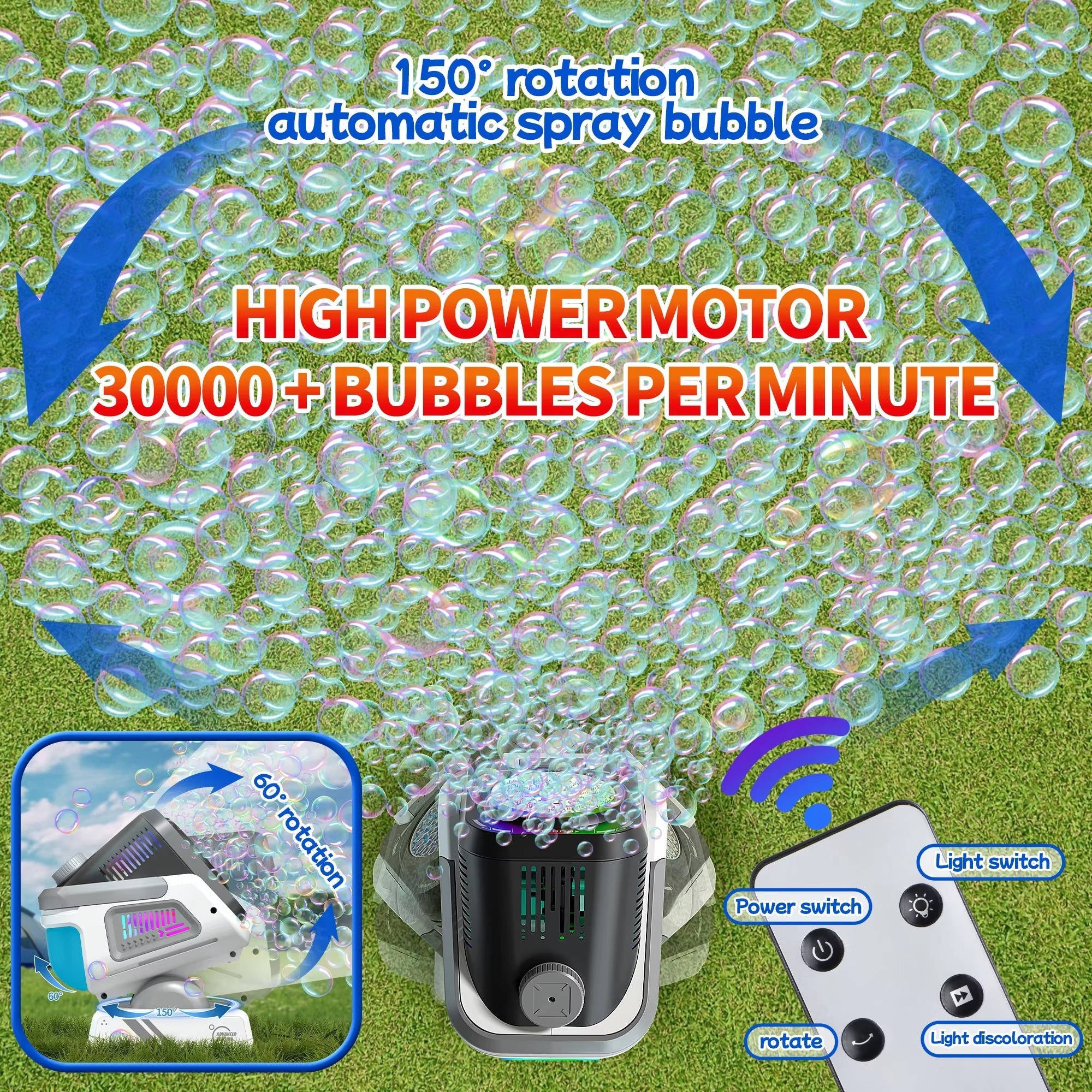 Automatic Bubble Machine with 150 Degree Rotation and RGB Lighting, 30000 Bubbles Per Minute All Vera Mart
