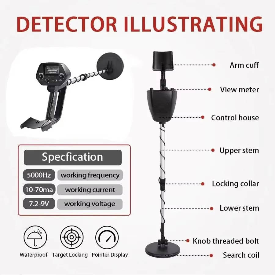 Metal Detector with Waterproof Coil and Dual Detection Modes, Adjustable Height All Vera Mart