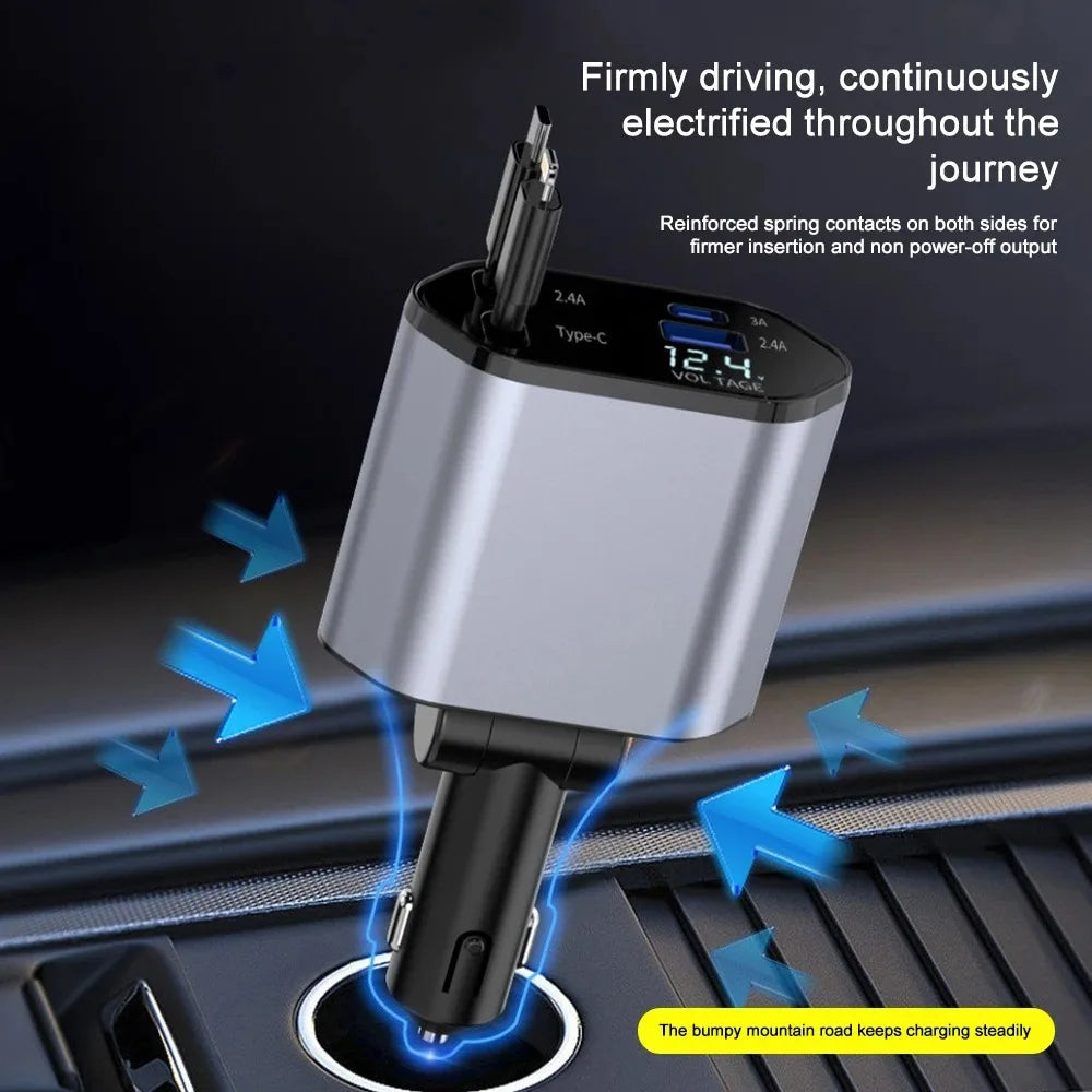 Multi-Port Car Charger with Retractable Cables and Voltage Display, 120W All Vera Mart
