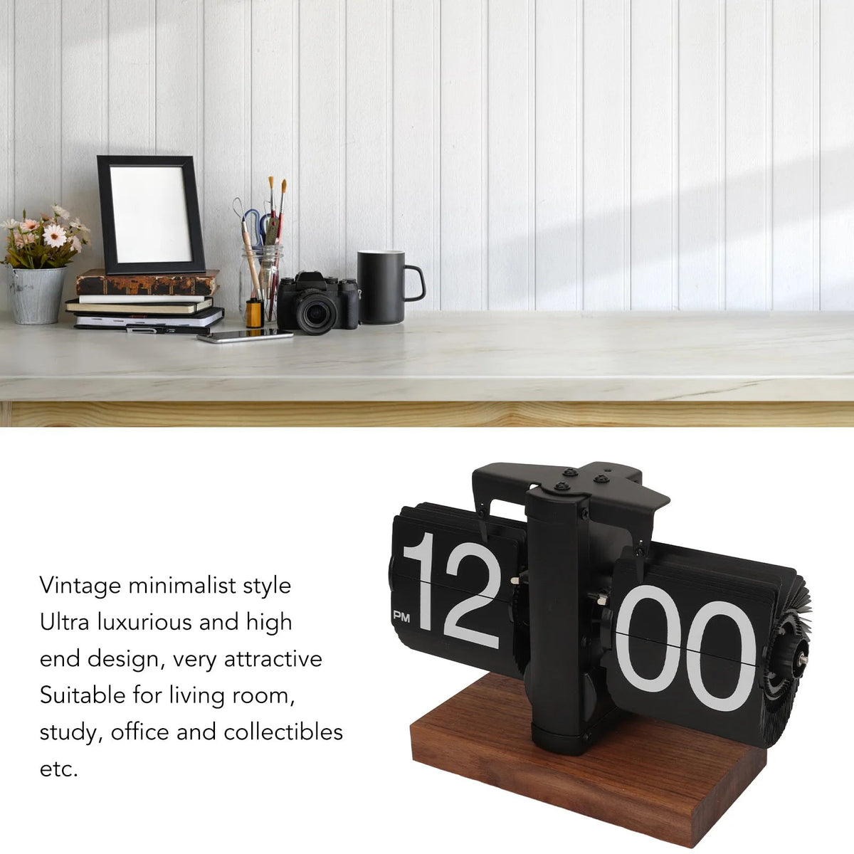 Flip Clock with Automatic Display and Black Walnut Base for Desk or Nightstand All Vera Mart