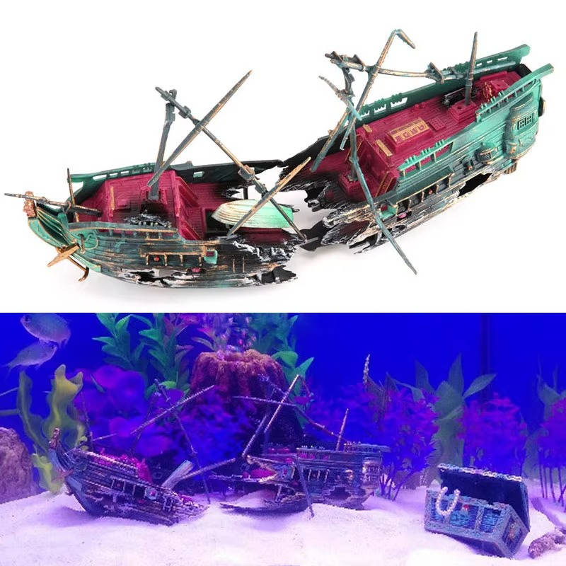 Sunken Boat Aquarium Decoration with Built-In Air Tubing and Weighted Base All Vera Mart