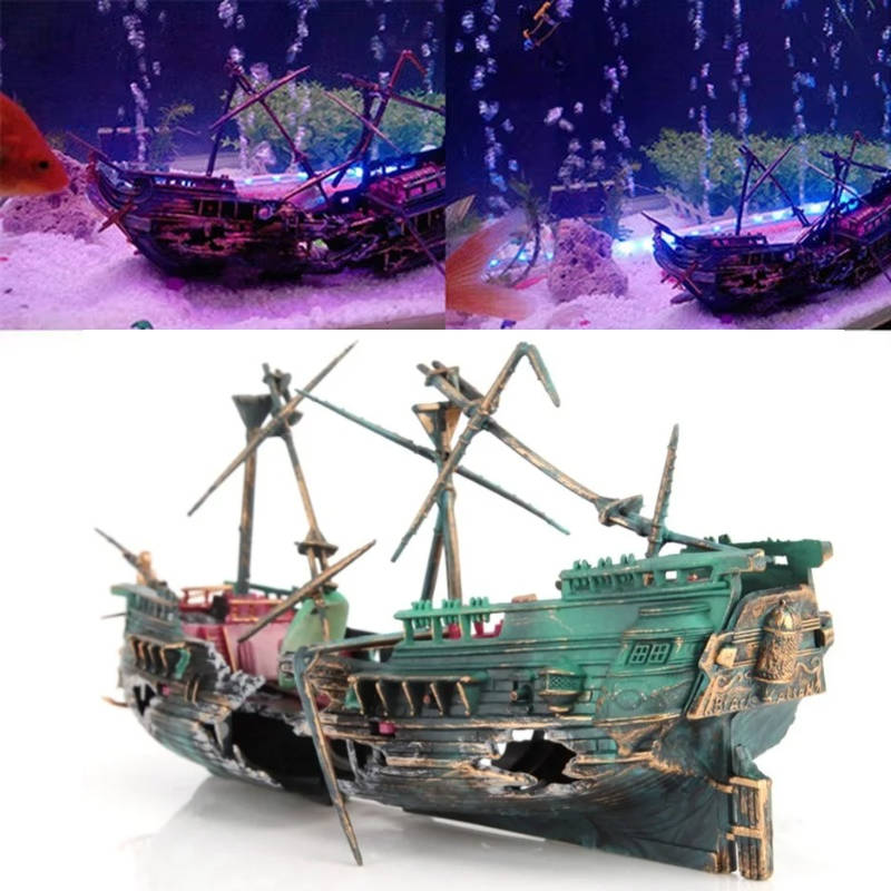 Sunken Boat Aquarium Decoration with Built-In Air Tubing and Weighted Base All Vera Mart