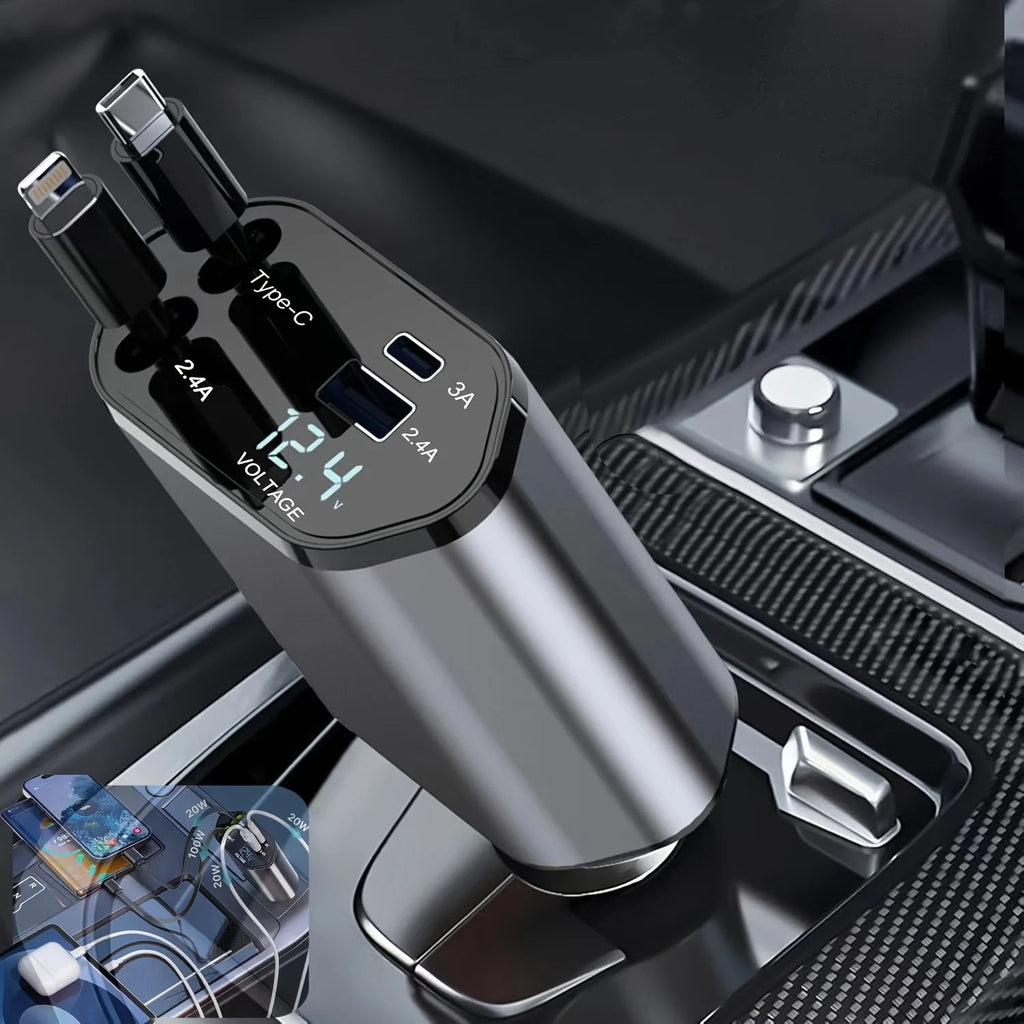 Multi-Port Car Charger with Retractable Cables and Voltage Display, 120W All Vera Mart