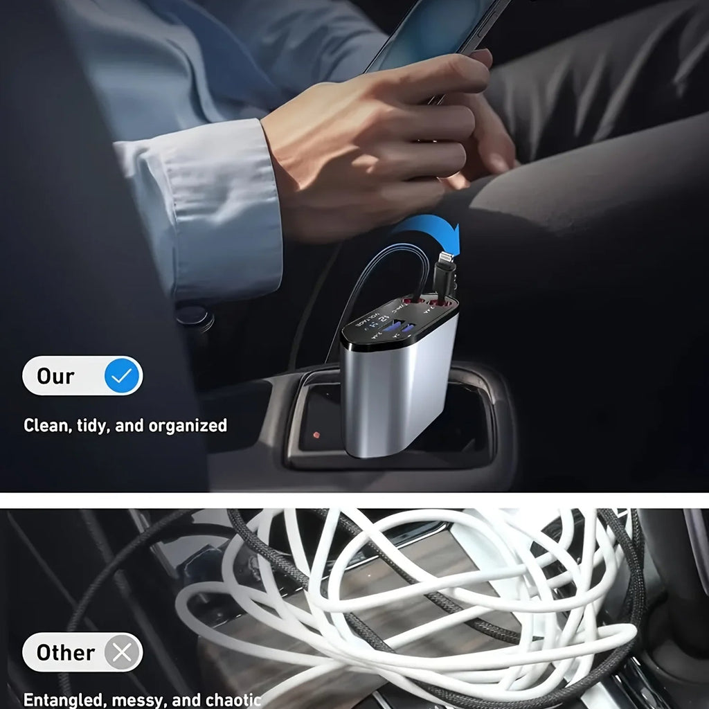 Multi-Port Car Charger with Retractable Cables and Voltage Display, 120W All Vera Mart