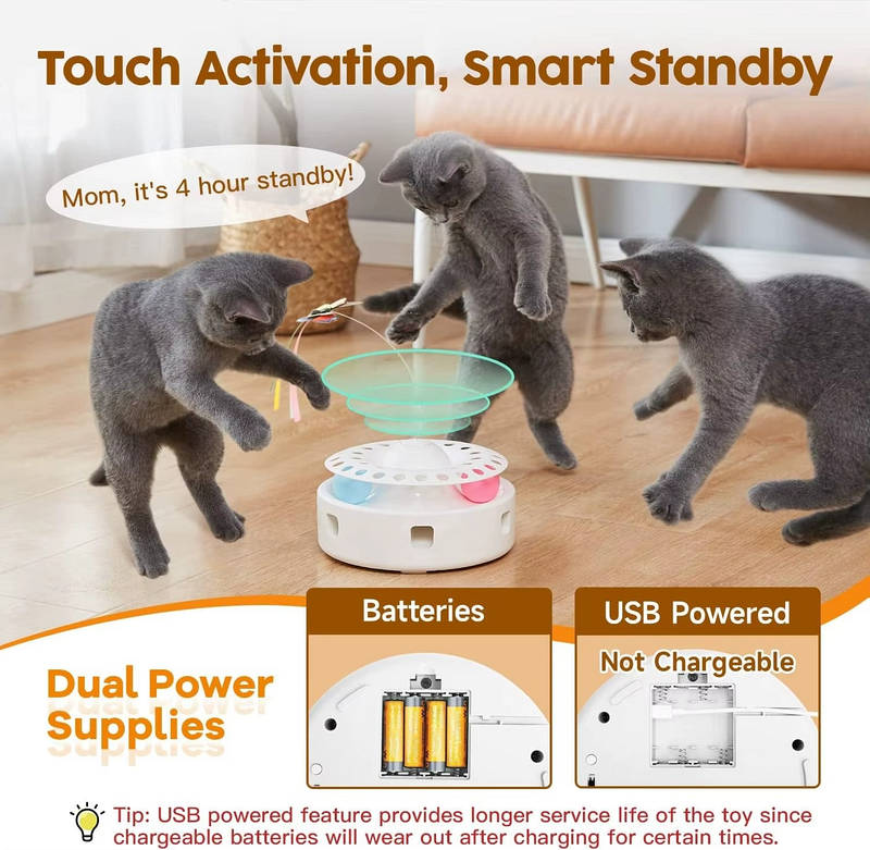 Interactive Cat Toy with Feather, Butterfly and Track Ball, USB Powered All Vera Mart