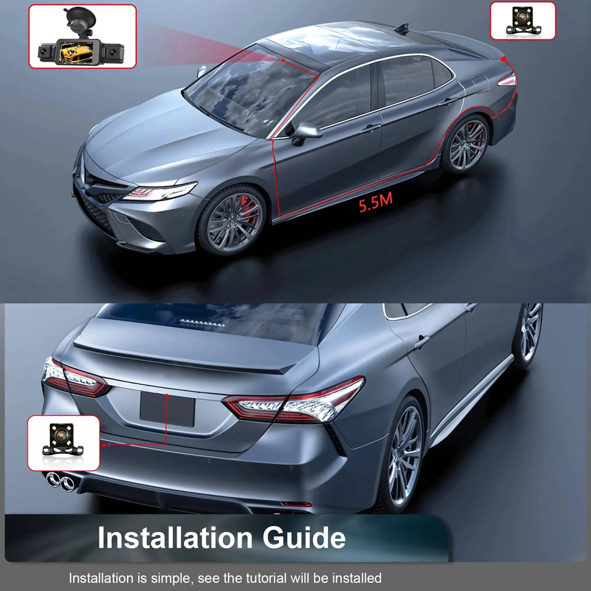 Dash Cam with Four-Camera Surround and Night Vision, WiFi App Control All Vera Mart
