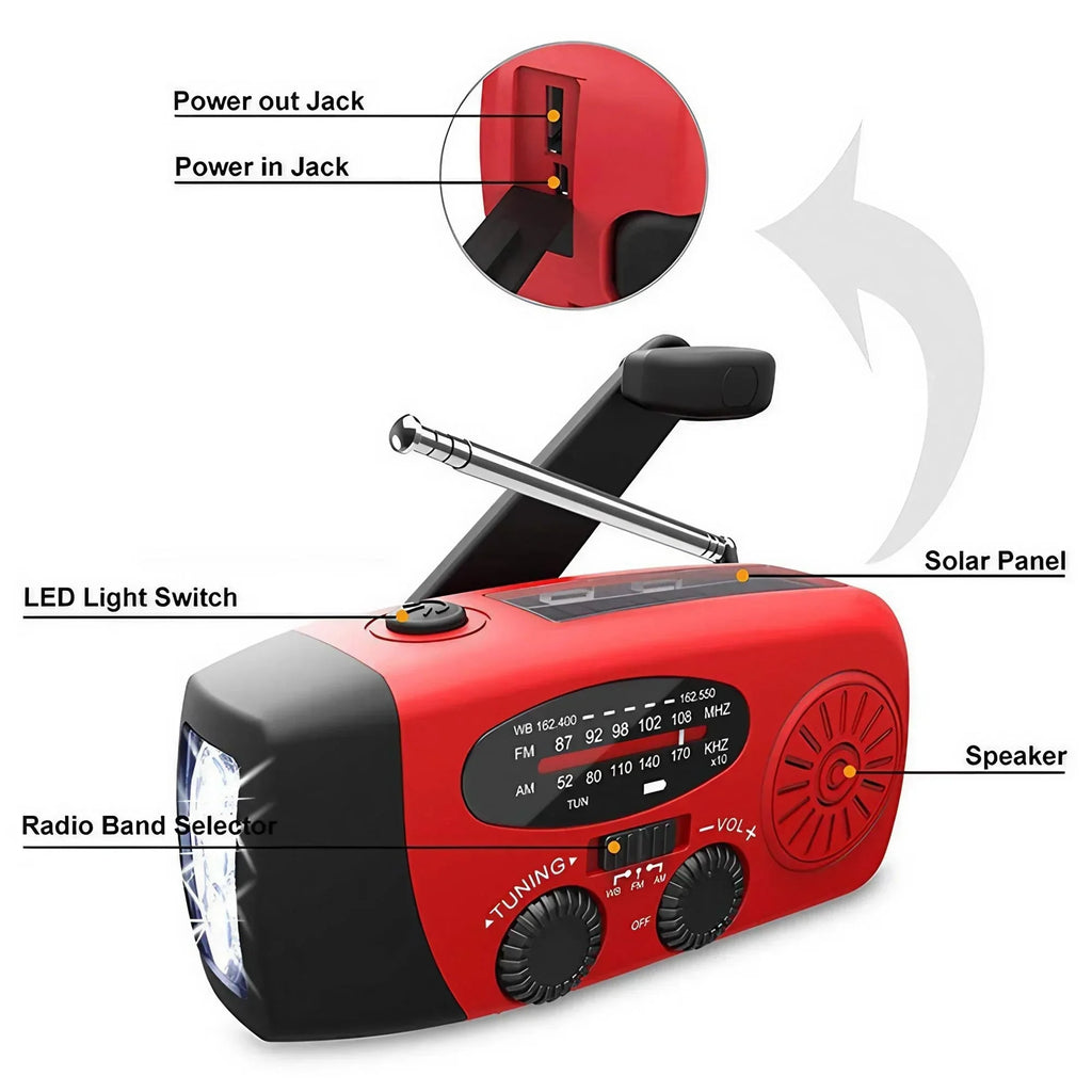 Emergency Radio with Hand Crank, Solar Charging and LED Flashlight, 2000mAh Power Bank All Vera Mart