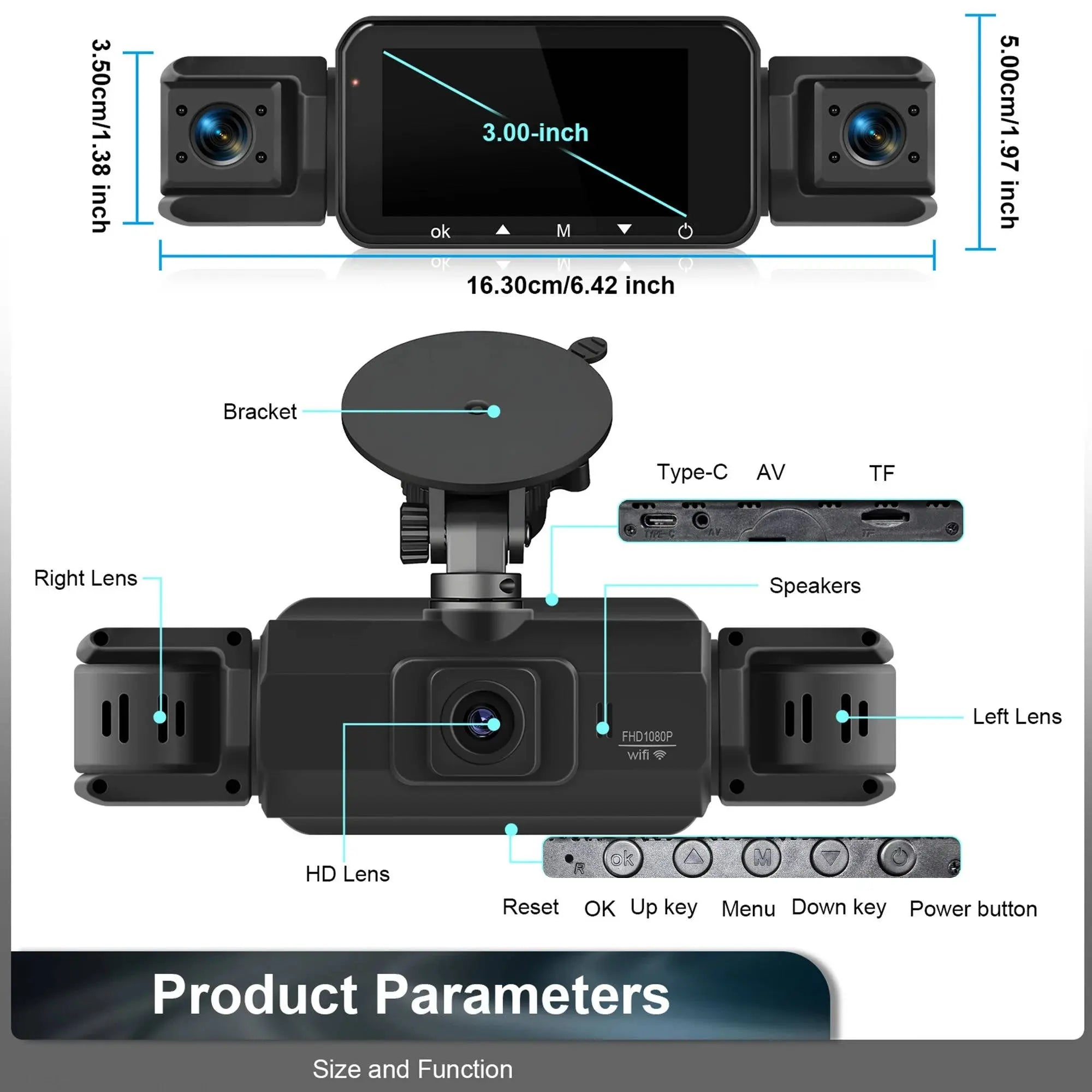 Dash Cam with Four-Camera Surround and Night Vision, WiFi App Control All Vera Mart