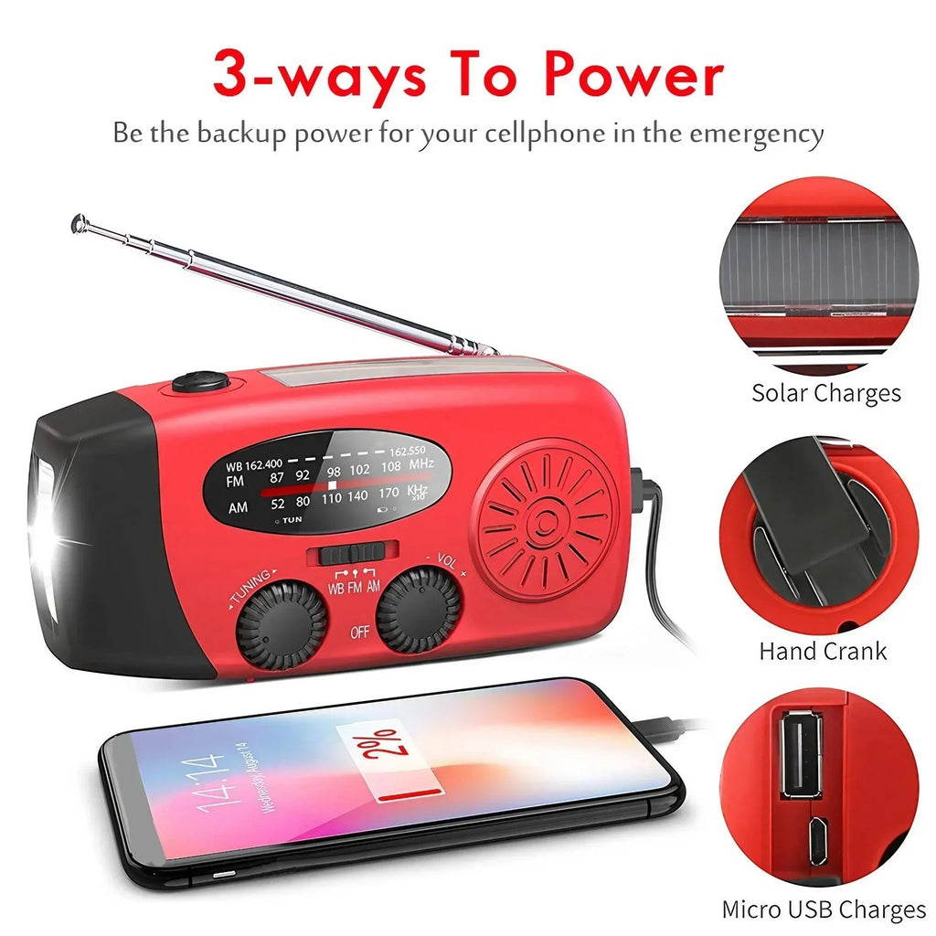 Emergency Radio with Hand Crank, Solar Charging and LED Flashlight, 2000mAh Power Bank All Vera Mart