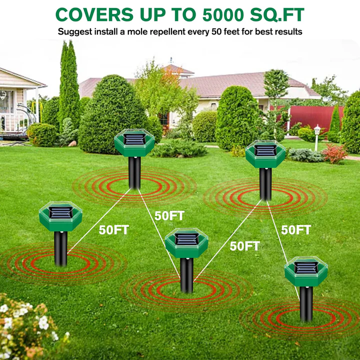 Solar Ultrasonic Mole Repellent Stakes Pack of 4 for Lawns and Garden Beds