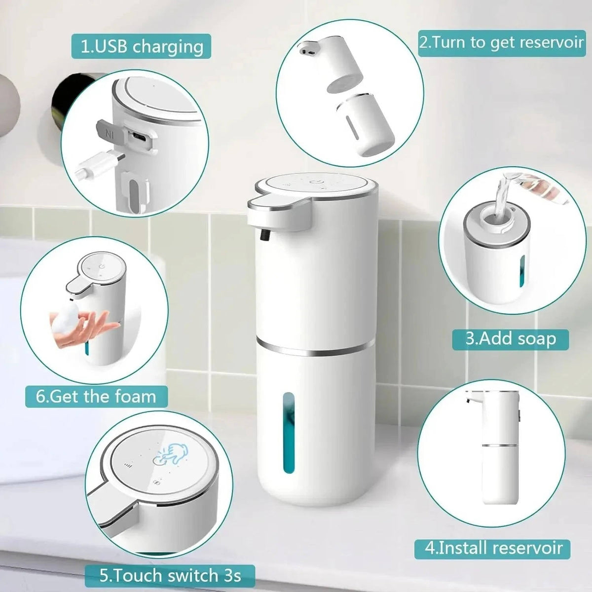 Infrared Motion Sensor Soap Dispenser with USB Rechargeable Battery and IPX5 Splash Protection All Vera Mart