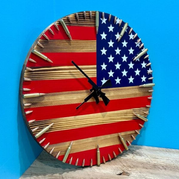 Rustic American Flag Wall Clock with Bullet Accents and Distressed Finish, 15.75in All Vera Mart