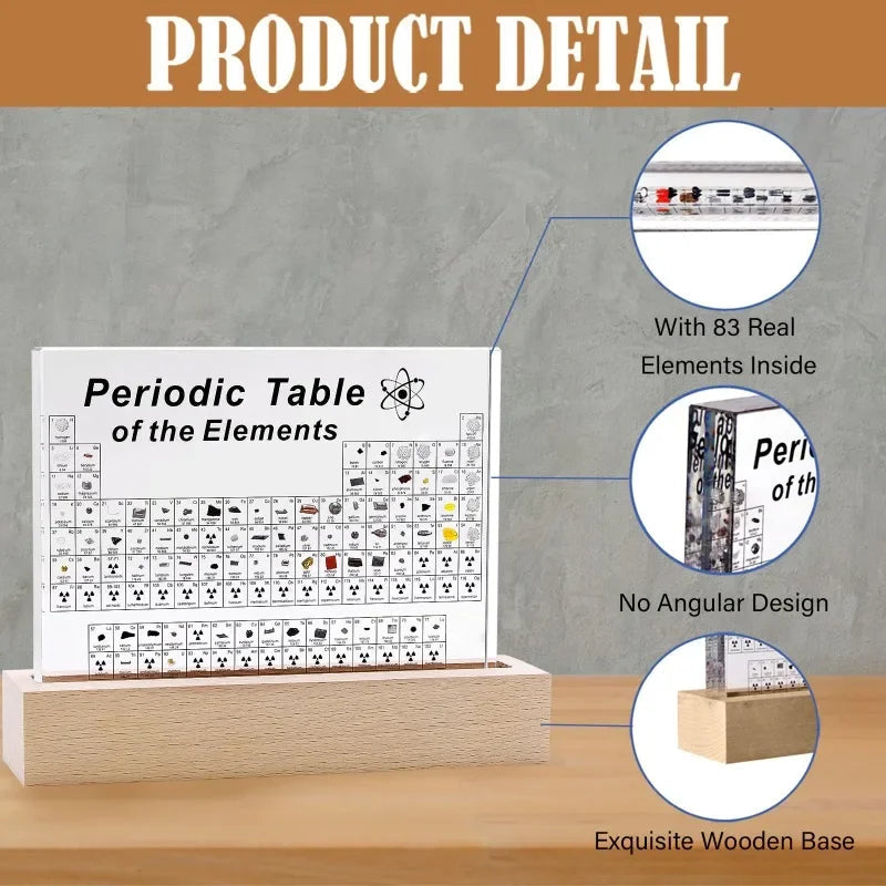 Periodic Table Display with 83 Real Elements and Illuminated Wooden Base All Vera Mart