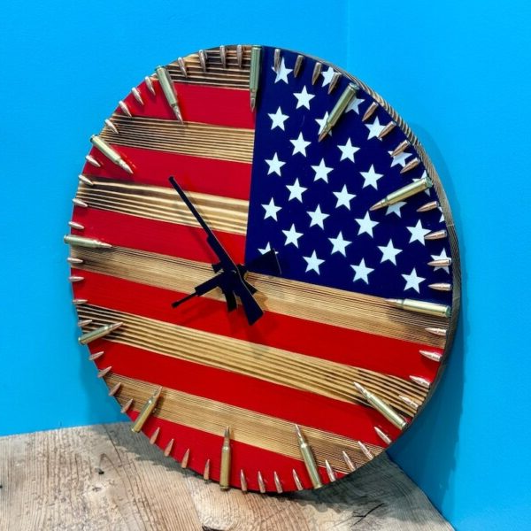 Rustic American Flag Wall Clock with Bullet Accents and Distressed Finish, 15.75in All Vera Mart