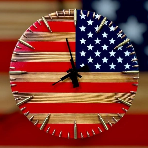 Rustic American Flag Wall Clock with Bullet Accents and Distressed Finish, 15.75in All Vera Mart