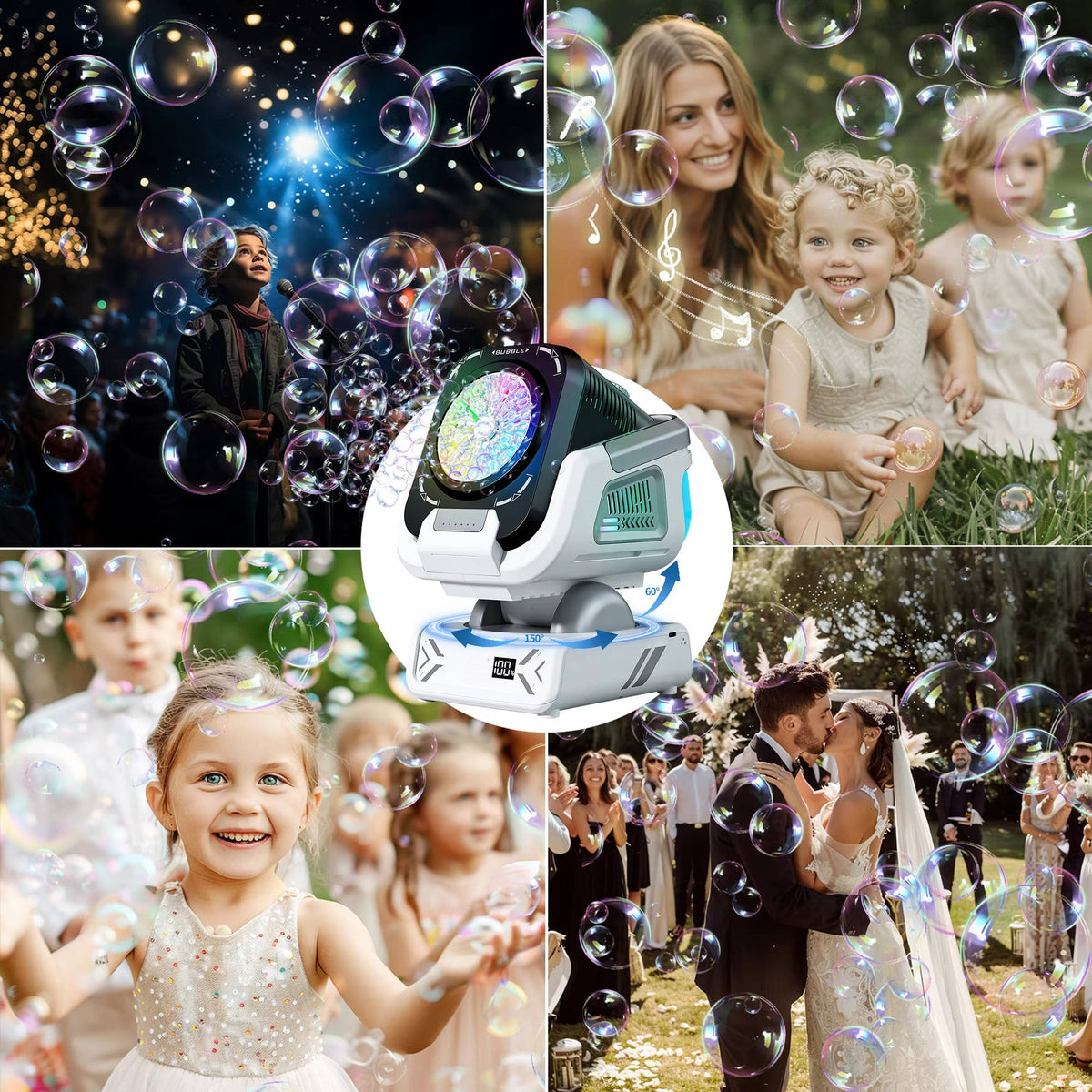 Automatic Bubble Machine with 150 Degree Rotation and RGB Lighting, 30000 Bubbles Per Minute All Vera Mart