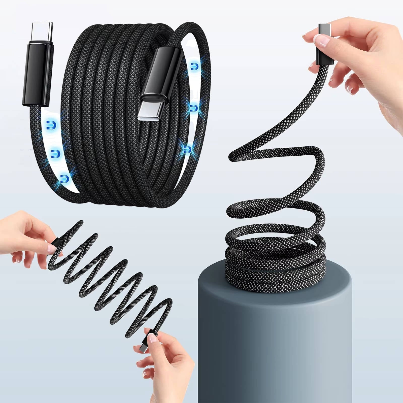 Self-Coiling Magnetic Charging Cable with Braided Fabric and Dual Tips, 3.3ft All Vera Mart