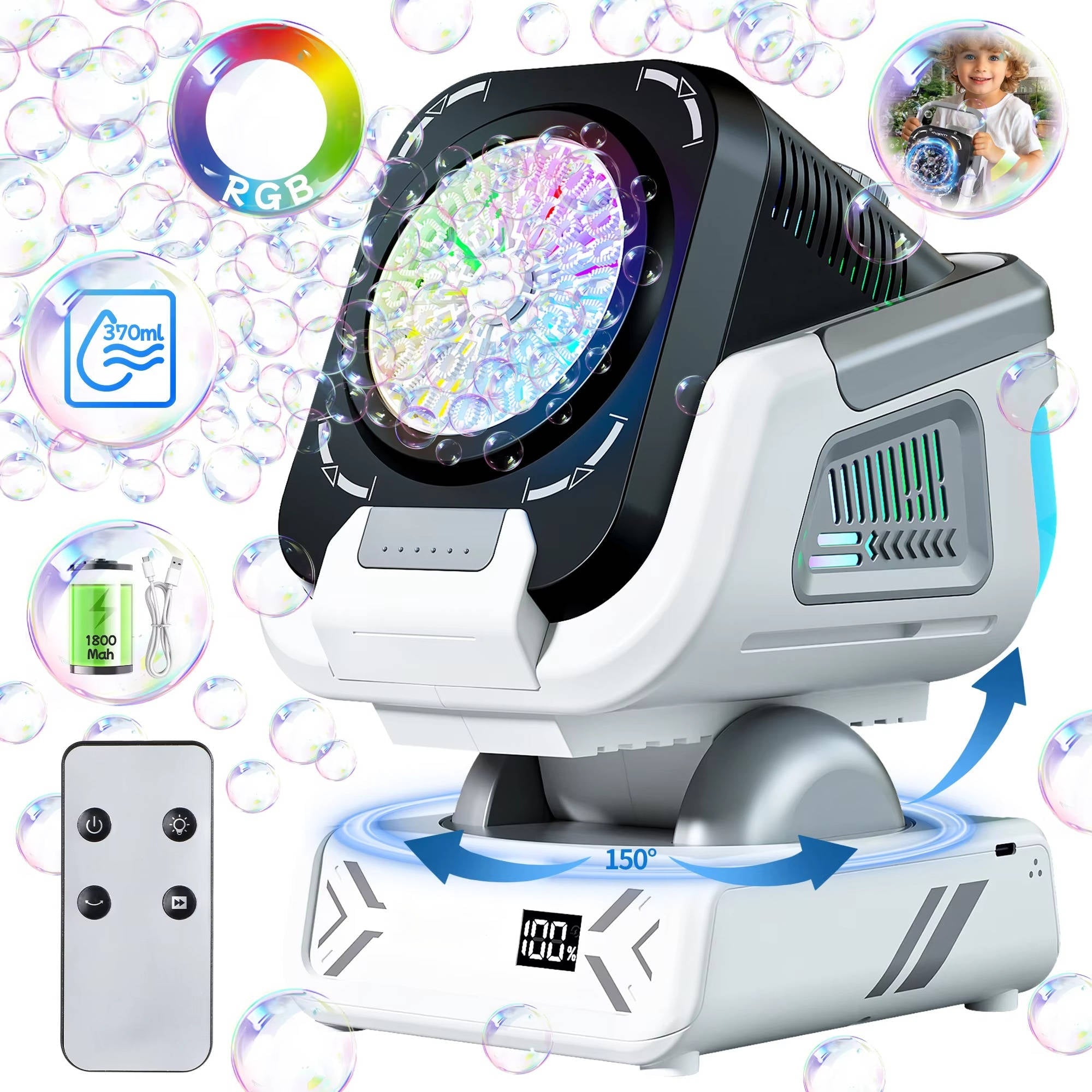 Automatic Bubble Machine with 150 Degree Rotation and RGB Lighting, 30000 Bubbles Per Minute All Vera Mart