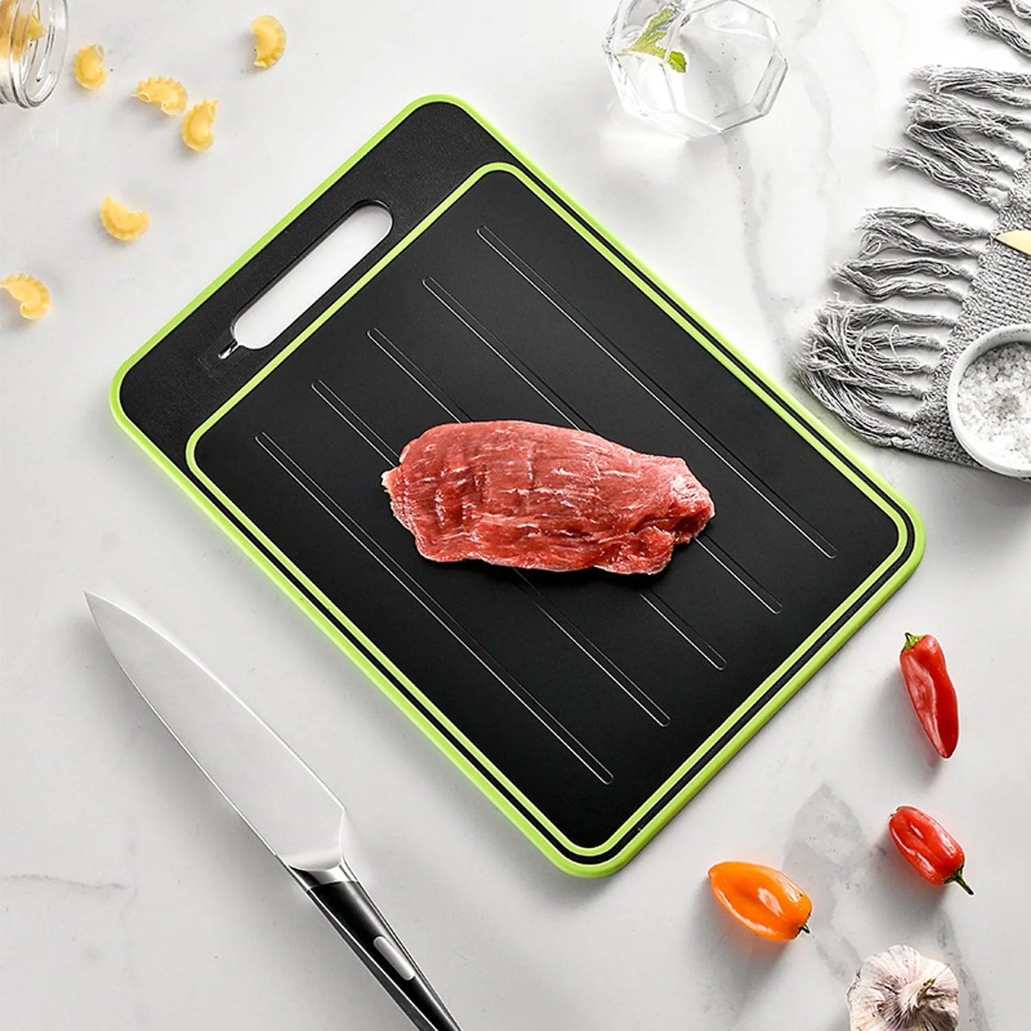 Double-Sided Cutting Board with Thawing Tray, Knife Sharpener and Garlic Grinder All Vera Mart