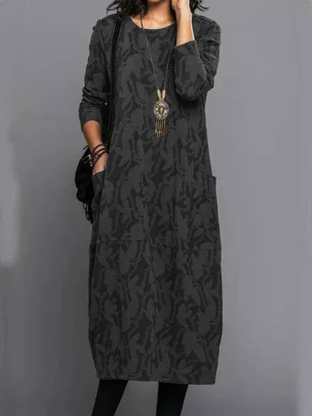 Loose Fit Midi Dress with Floral Print and Side Pockets, Long Sleeves All Vera Mart