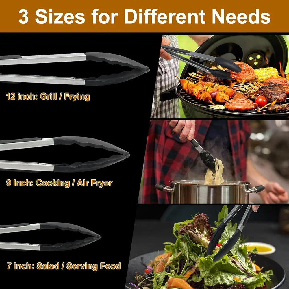 Nonstick Kitchen Tongs Set with Stainless Steel and Heat Resistance, 3-Piece All Vera Mart