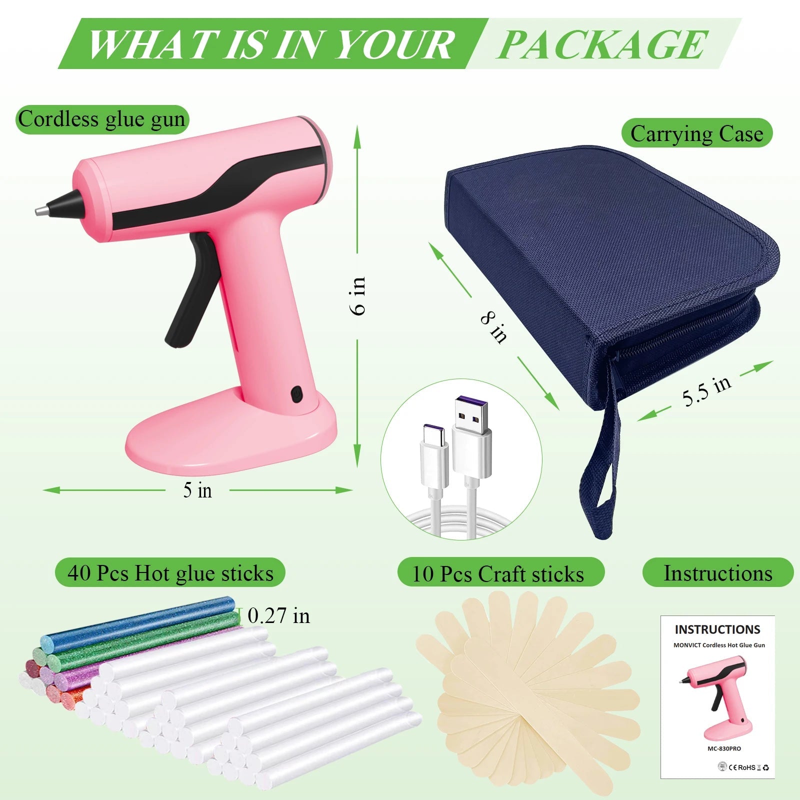Rechargeable Glue Gun with Magnetic Base and 40 Adhesive Sticks, 60-Minute Runtime All Vera Mart