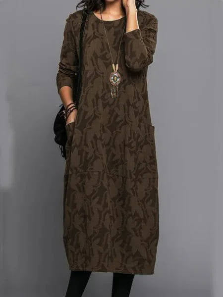 Loose Fit Midi Dress with Floral Print and Side Pockets, Long Sleeves All Vera Mart