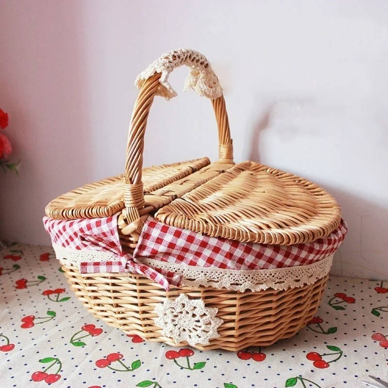Oval Willow Picnic Basket with Dual Lids and Removable Cotton Liner All Vera Mart