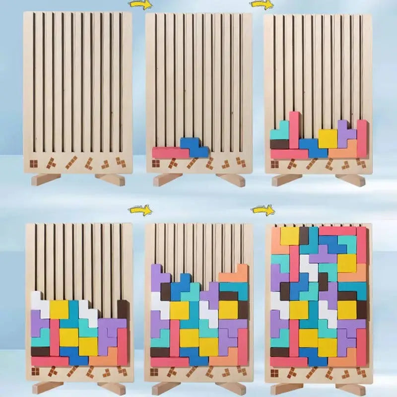Wooden Pattern Matching Puzzle Set with Foldout Stand and Storage Case, 42 Wooden Blocks All Vera Mart