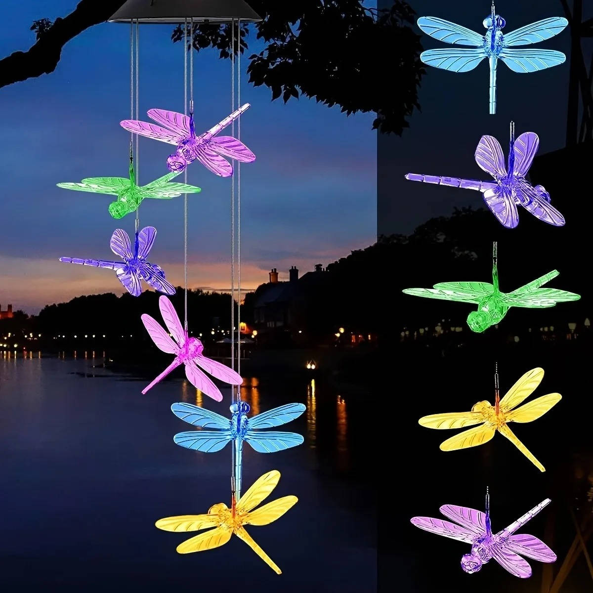 Color Changing Solar Wind Chimes with Automatic Dusk Sensor and Six LED Colors All Vera Mart